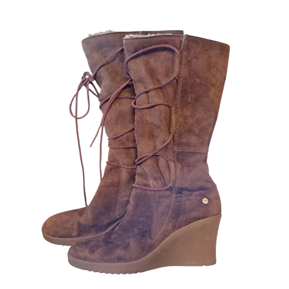 UGG Elsey Brown Shearling Lined Lace Up Wedge Boot Platform Leather Size 10